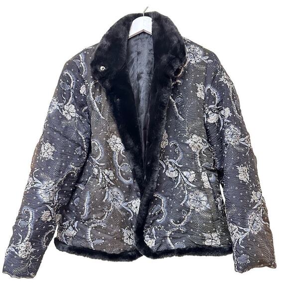 Vintage Floral Pattern Size M Black Beaded Puffer Jacket Trim FLAWED - Picture 1 of 11